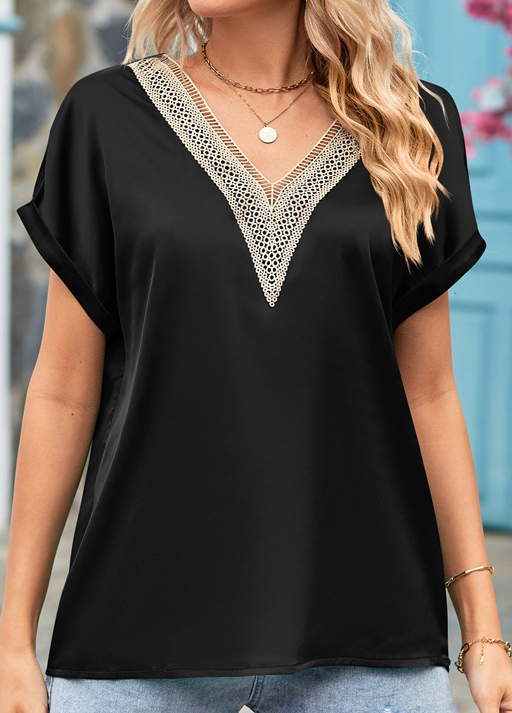 Black tops,Plain Color tops,Patchwork Black V Neck Short Sleeve Blouse