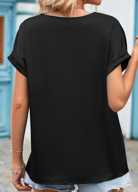 Black tops,Plain Color tops,Patchwork Black V Neck Short Sleeve Blouse