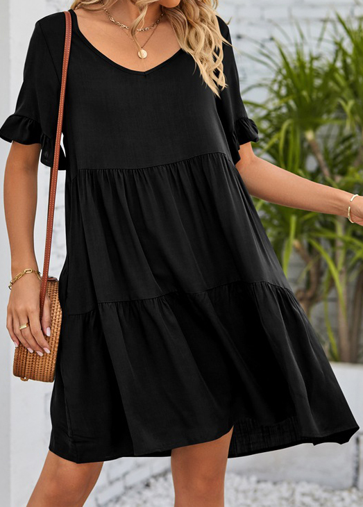 Black dresses,Plain Color dresses,Ruched Black Short A Line V Neck Dress