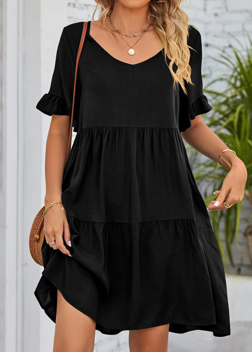 Black dresses,Plain Color dresses,Ruched Black Short A Line V Neck Dress