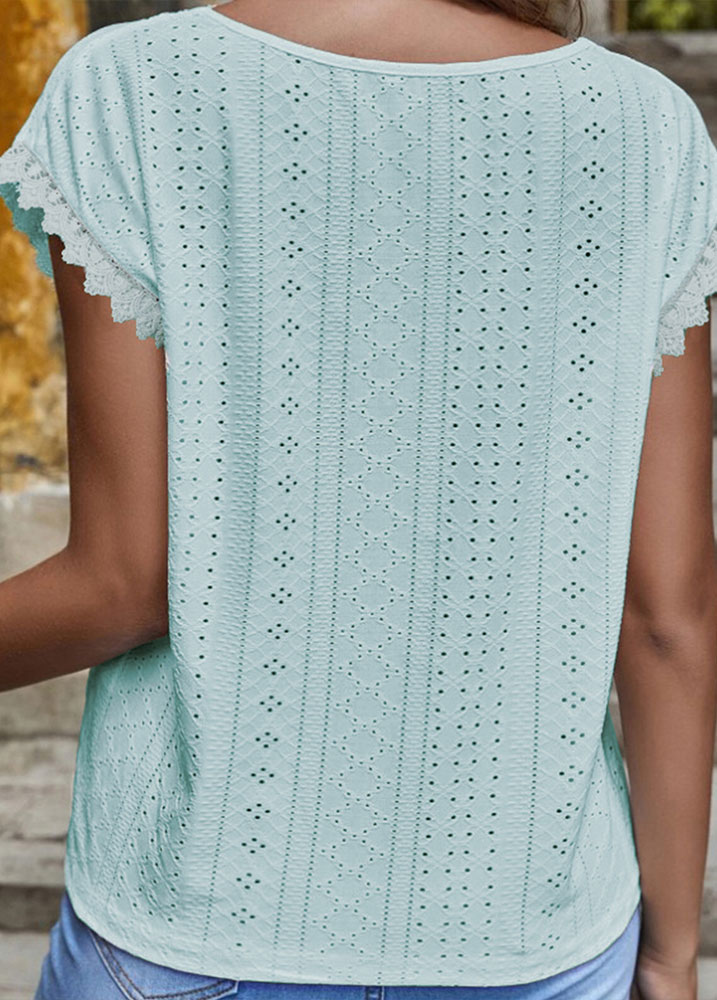 Light Blue tops,Plain Color tops,Patchwork Light Blue V Neck T Shirt