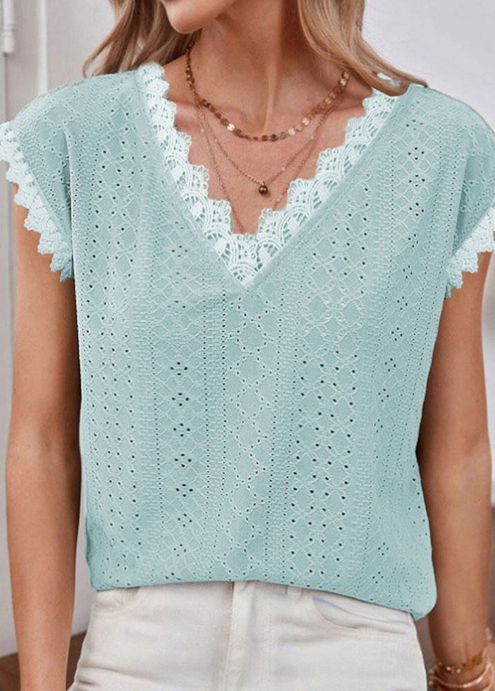 Light Blue tops,Plain Color tops,Patchwork Light Blue V Neck T Shirt