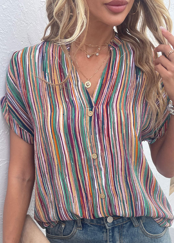 Multi Color tops,Striped tops,Geometric tops,Button Striped Multi Color V Neck Blouse