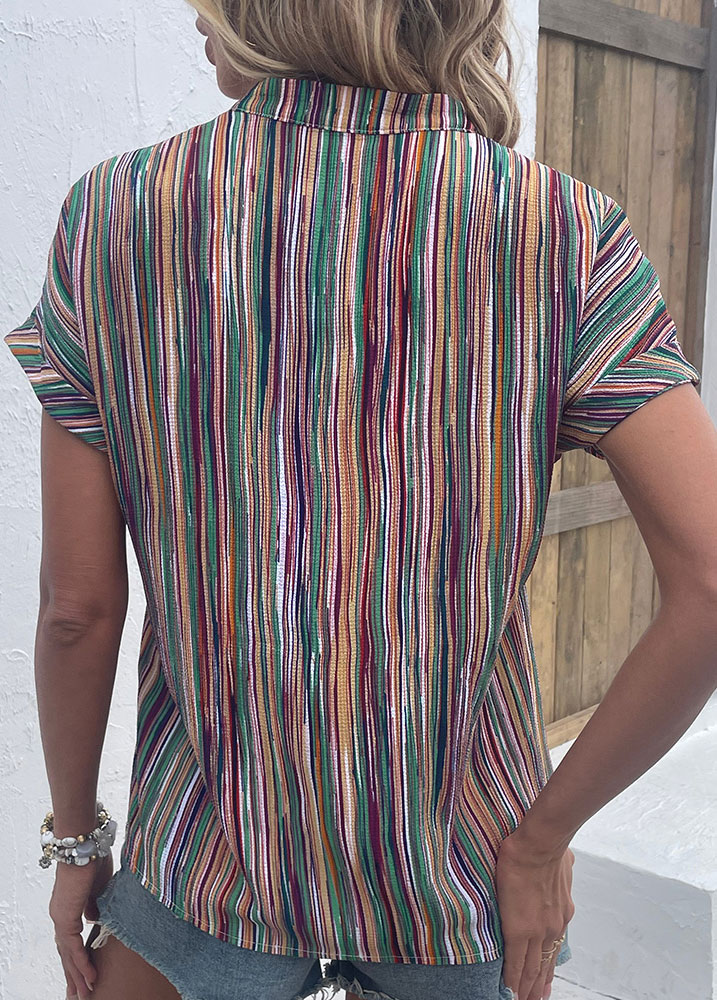 Multi Color tops,Striped tops,Geometric tops,Button Striped Multi Color V Neck Blouse