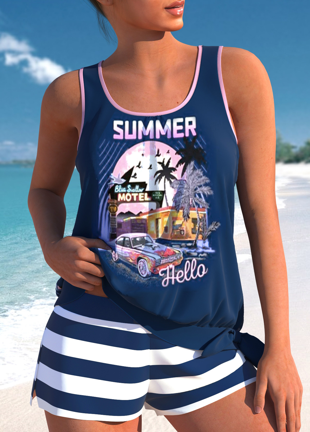 Grey swimwear,Light Blue swimwear,Plain Color swimwear,Plaid swimwear,Houndstooth swimwear,Plants swimwear,ROTITA Tie Navy Tropical Plants Print Tankini Set