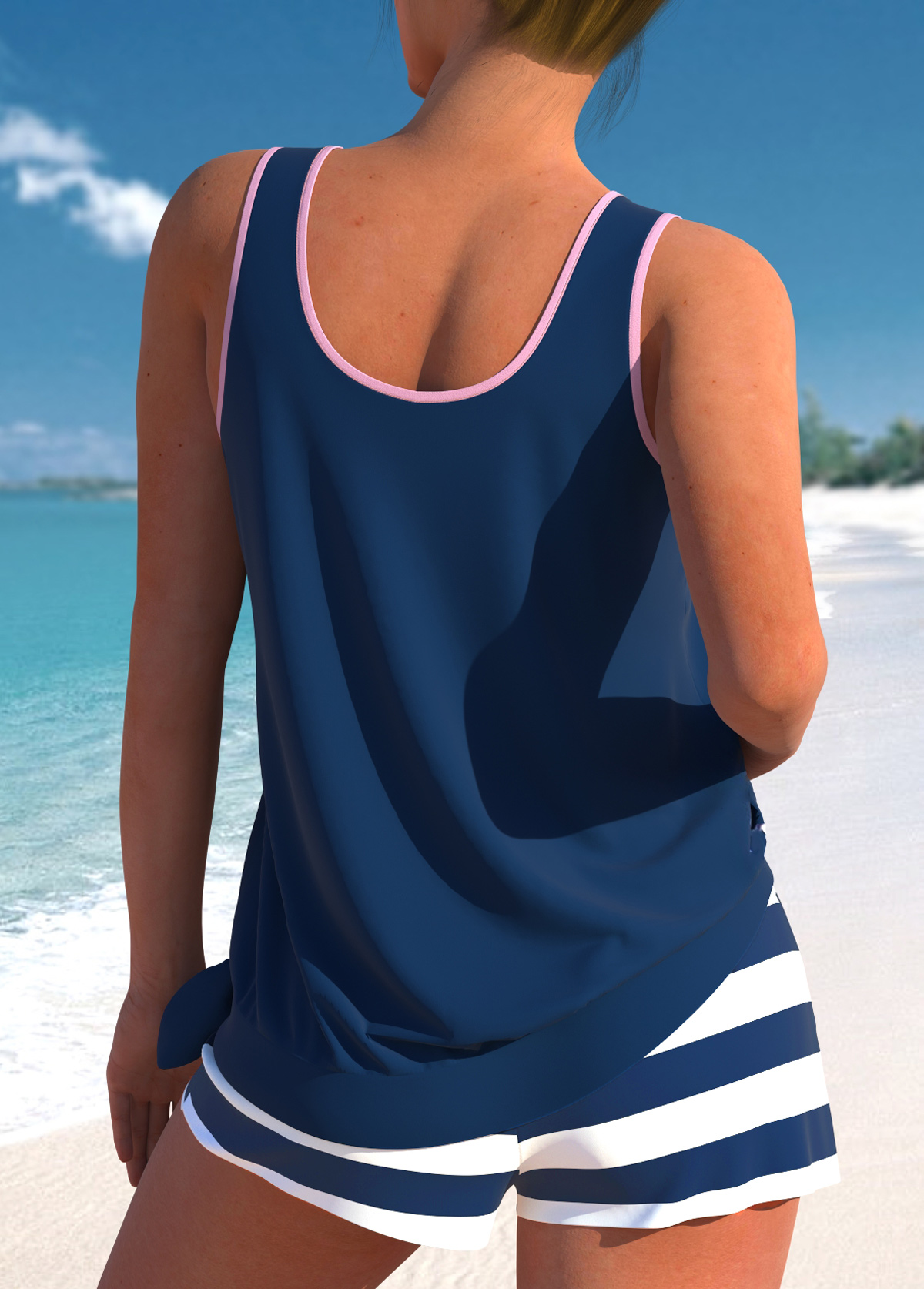 Grey swimwear,Light Blue swimwear,Plain Color swimwear,Plaid swimwear,Houndstooth swimwear,Plants swimwear,ROTITA Tie Navy Tropical Plants Print Tankini Set