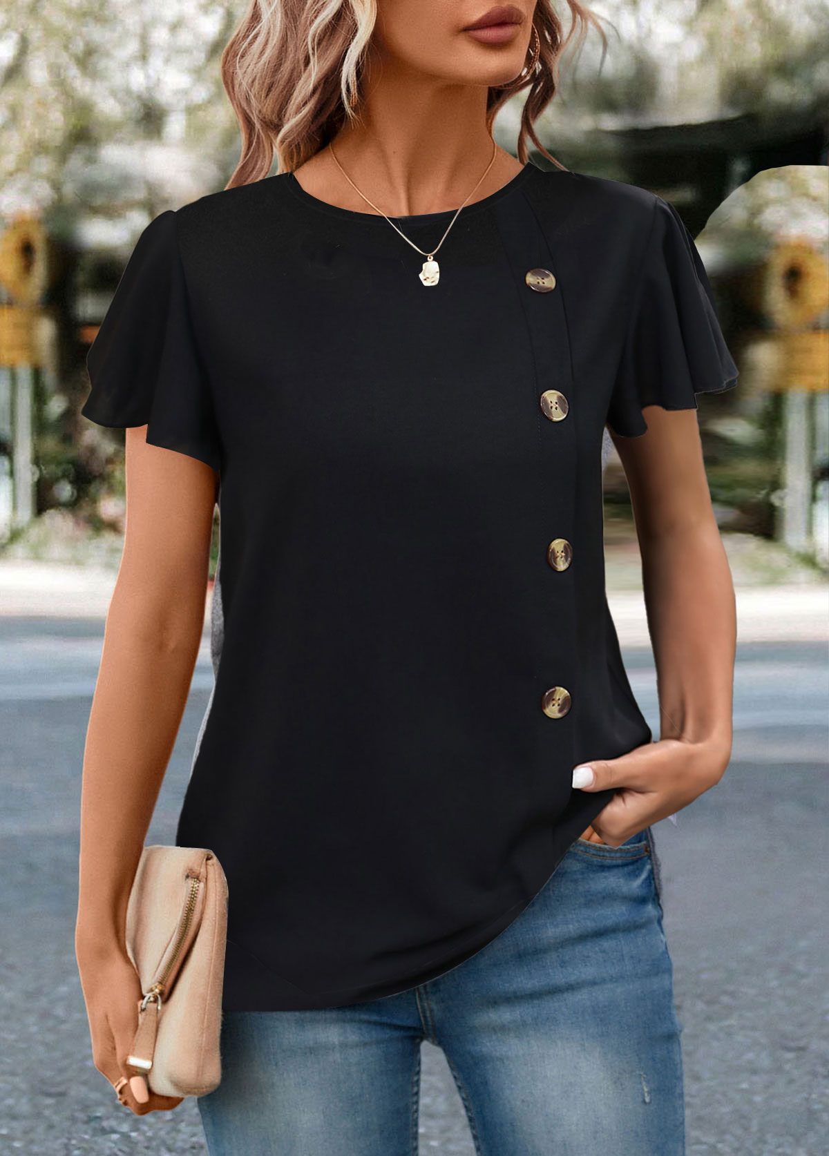 Black tops,Plain Color tops,ROTITA Button Black Round Neck Short Sleeve T Shirt