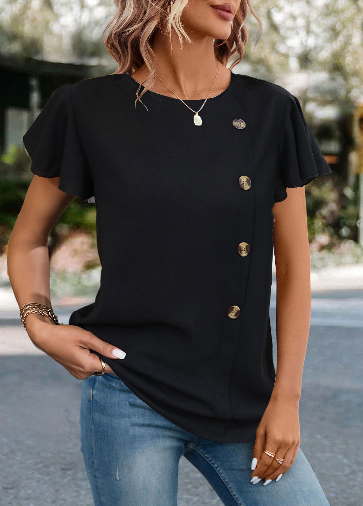 Black tops,Plain Color tops,ROTITA Button Black Round Neck Short Sleeve T Shirt