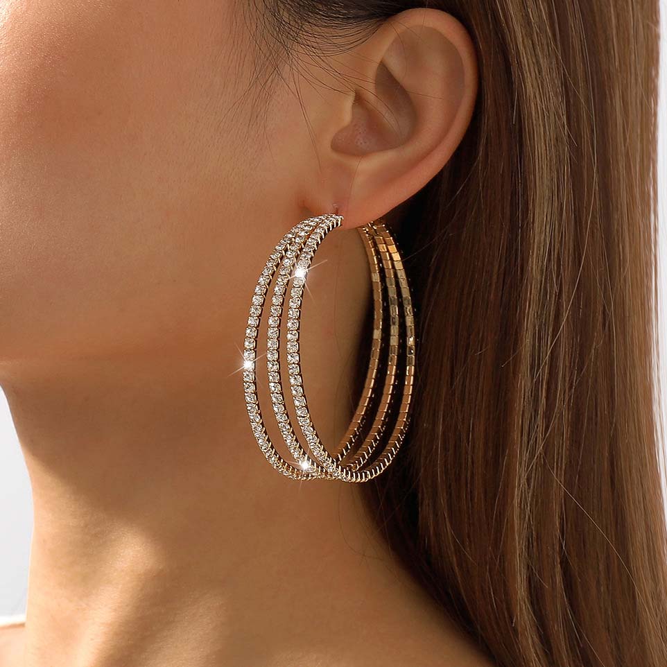 Gold jewelry,Contrast Color jewelry,Round Gold Rhinestone Detail Layered Earrings
