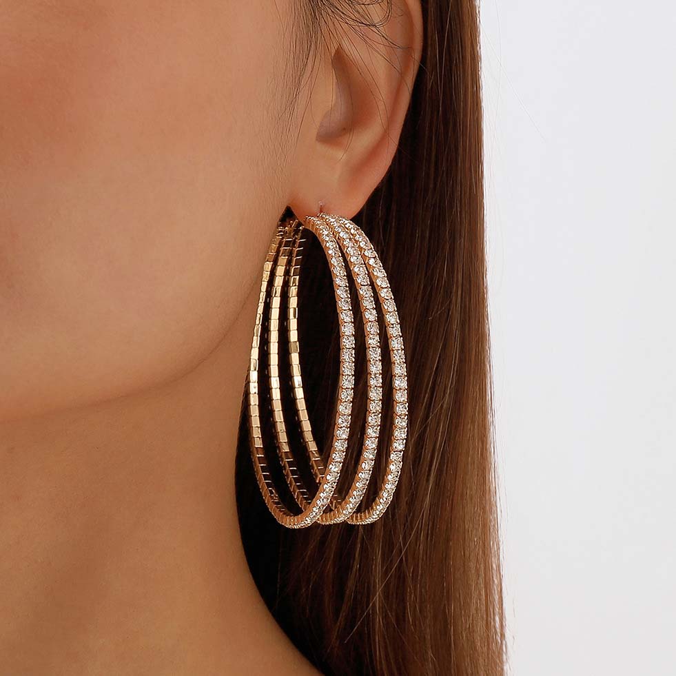 Gold jewelry,Contrast Color jewelry,Round Gold Rhinestone Detail Layered Earrings