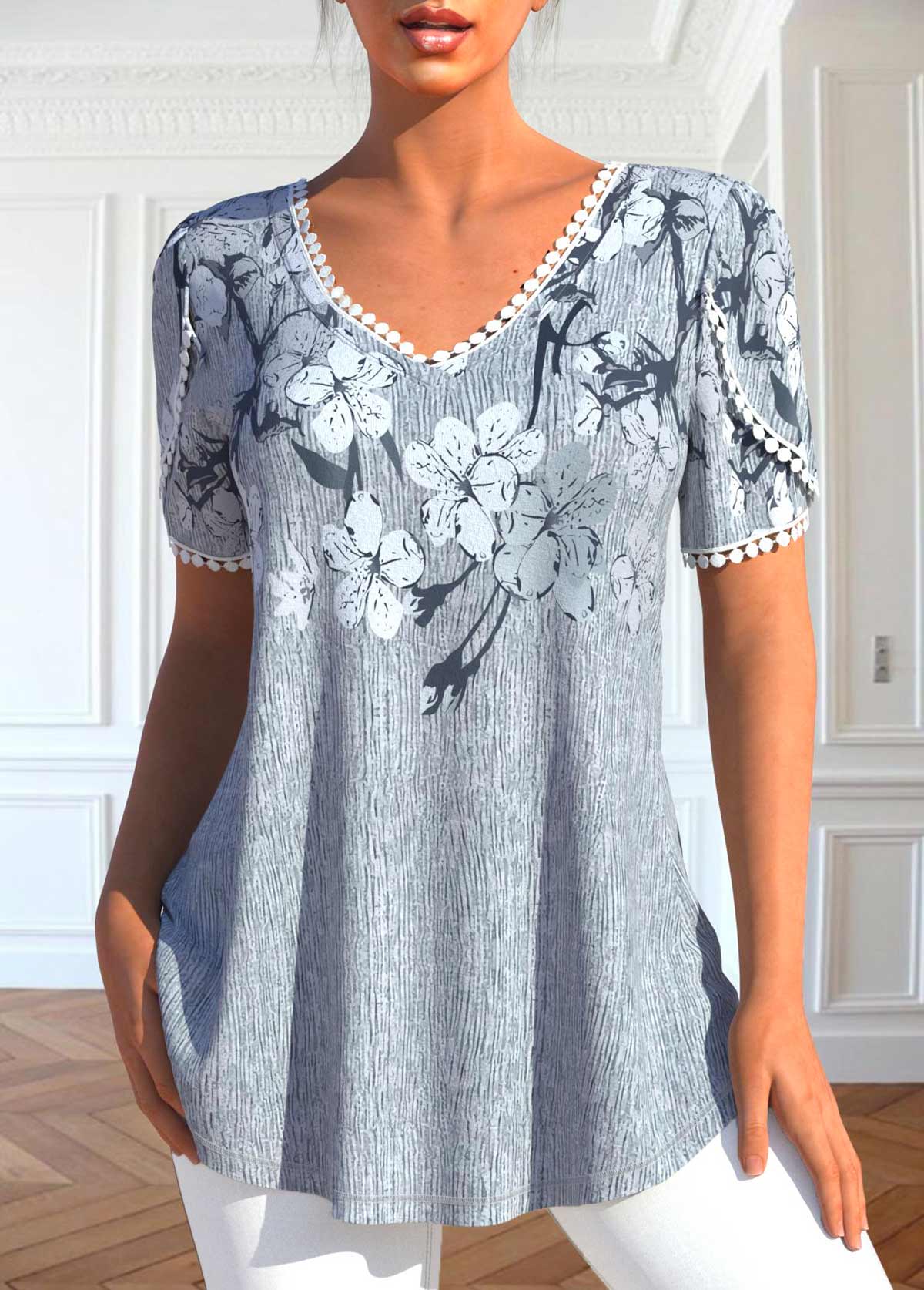 Grey tops,Floral tops,ROTITA Patchwork Floral Print Grey V Neck T Shirt