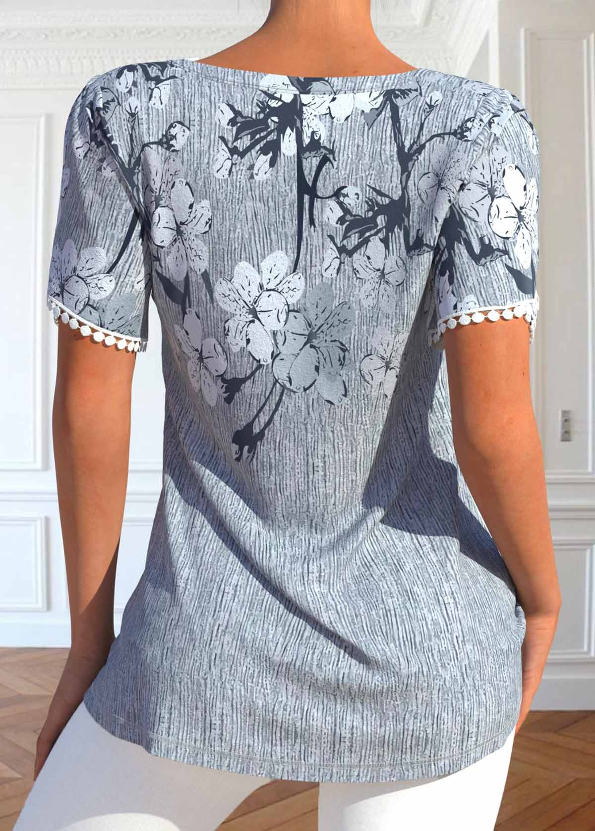 Grey tops,Floral tops,ROTITA Patchwork Floral Print Grey V Neck T Shirt