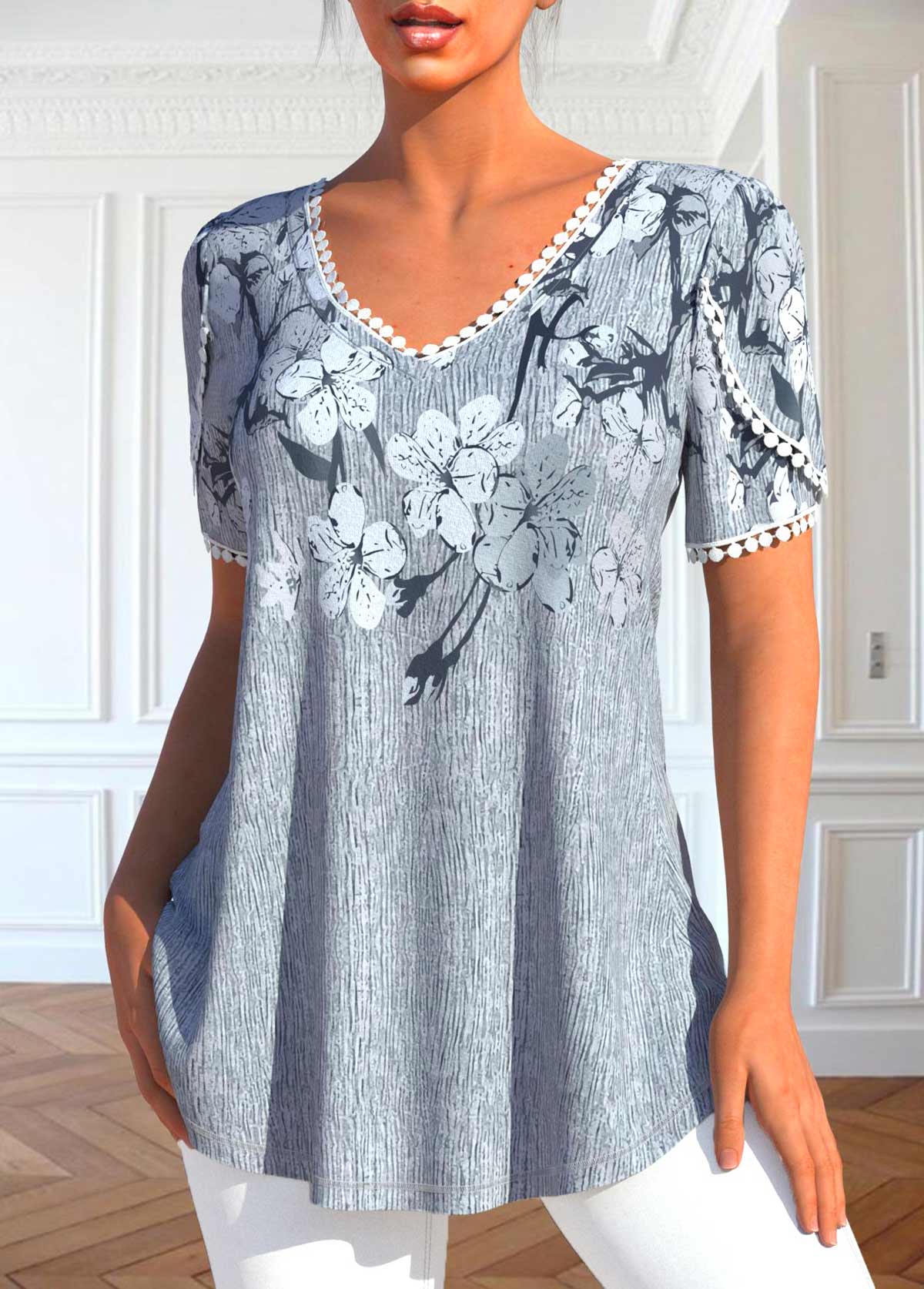 Grey tops,Floral tops,ROTITA Patchwork Floral Print Grey V Neck T Shirt