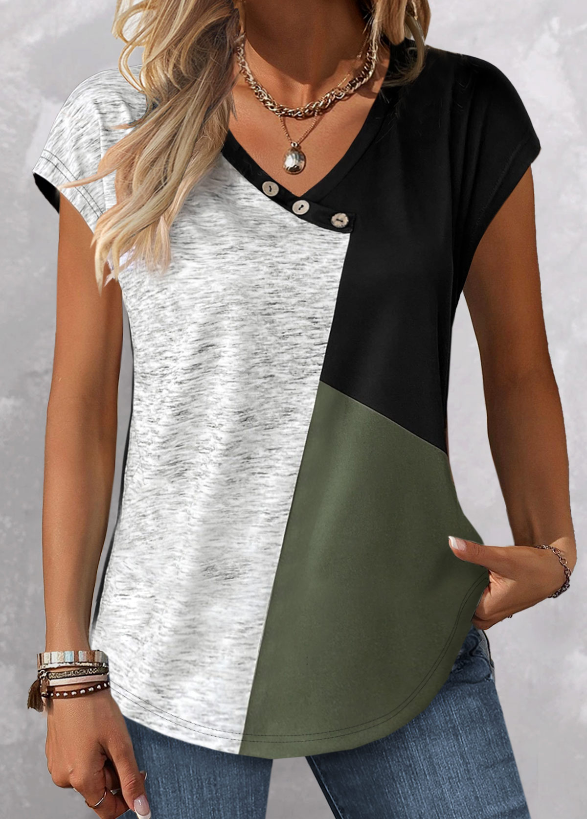 ROTITA Button Design Sage Green V Neck T Shirt