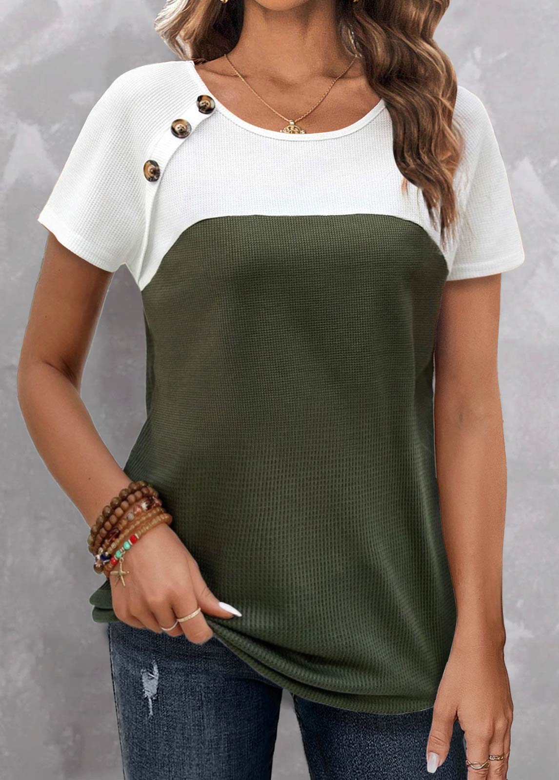 Olive Green tops,White tops,Contrast Color tops,ROTITA Button Olive Green Round Neck T Shirt