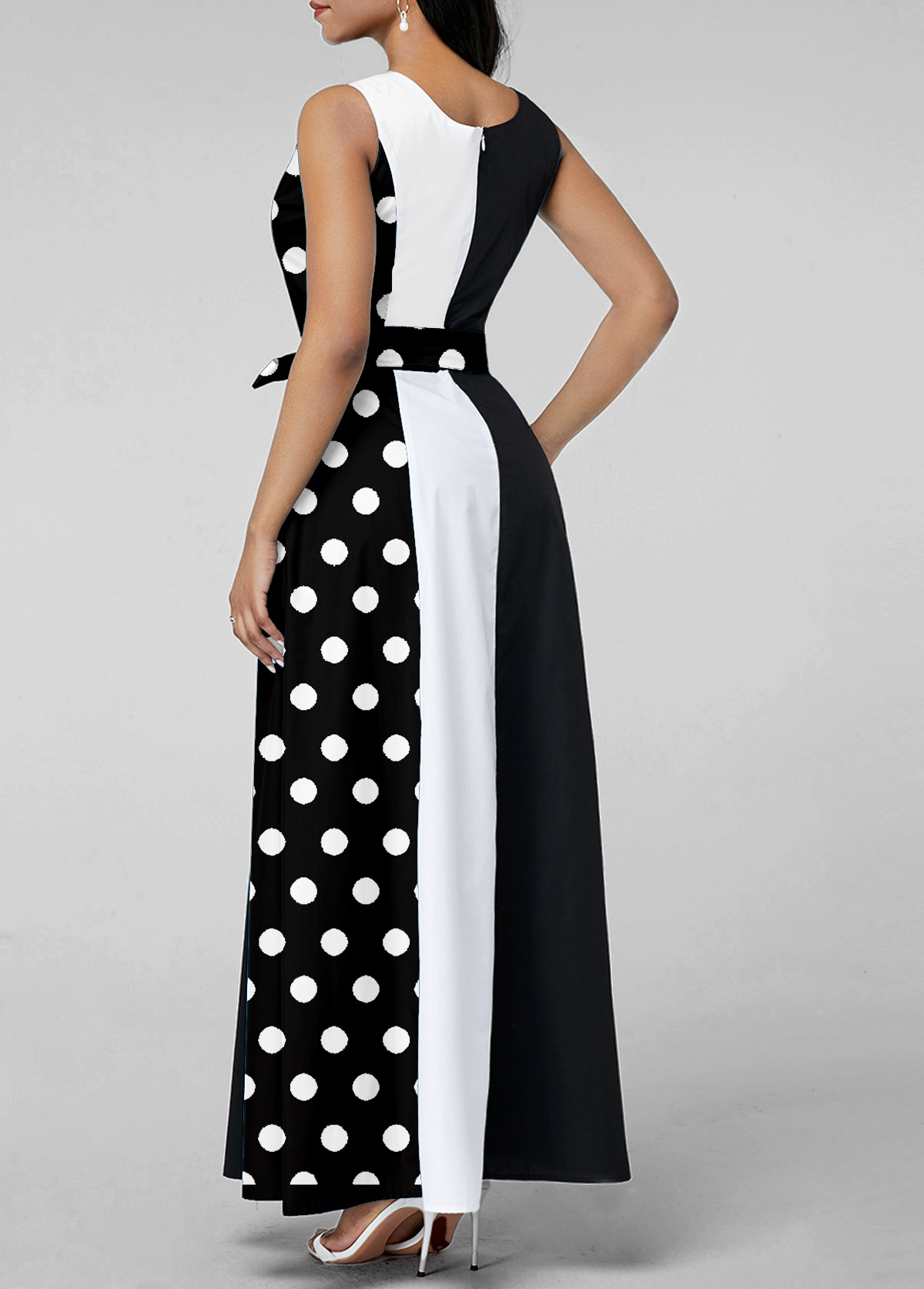 Black dresses,Dot dresses,Geometric dresses,ROTITA Tie Polka Dot Black Belted Split Neck Dress