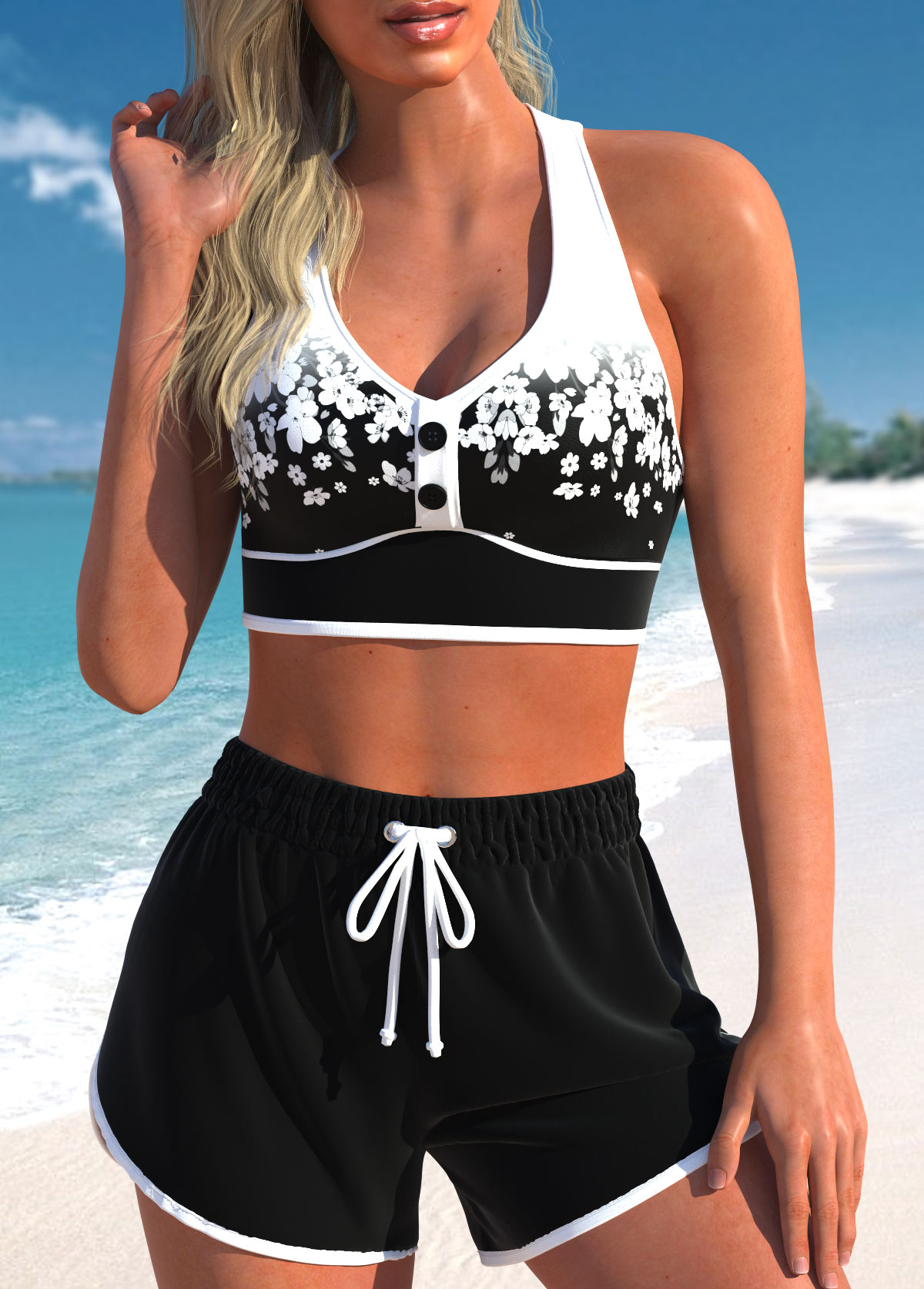 ROTITA Criss Cross Black Floral Print Bikini Set