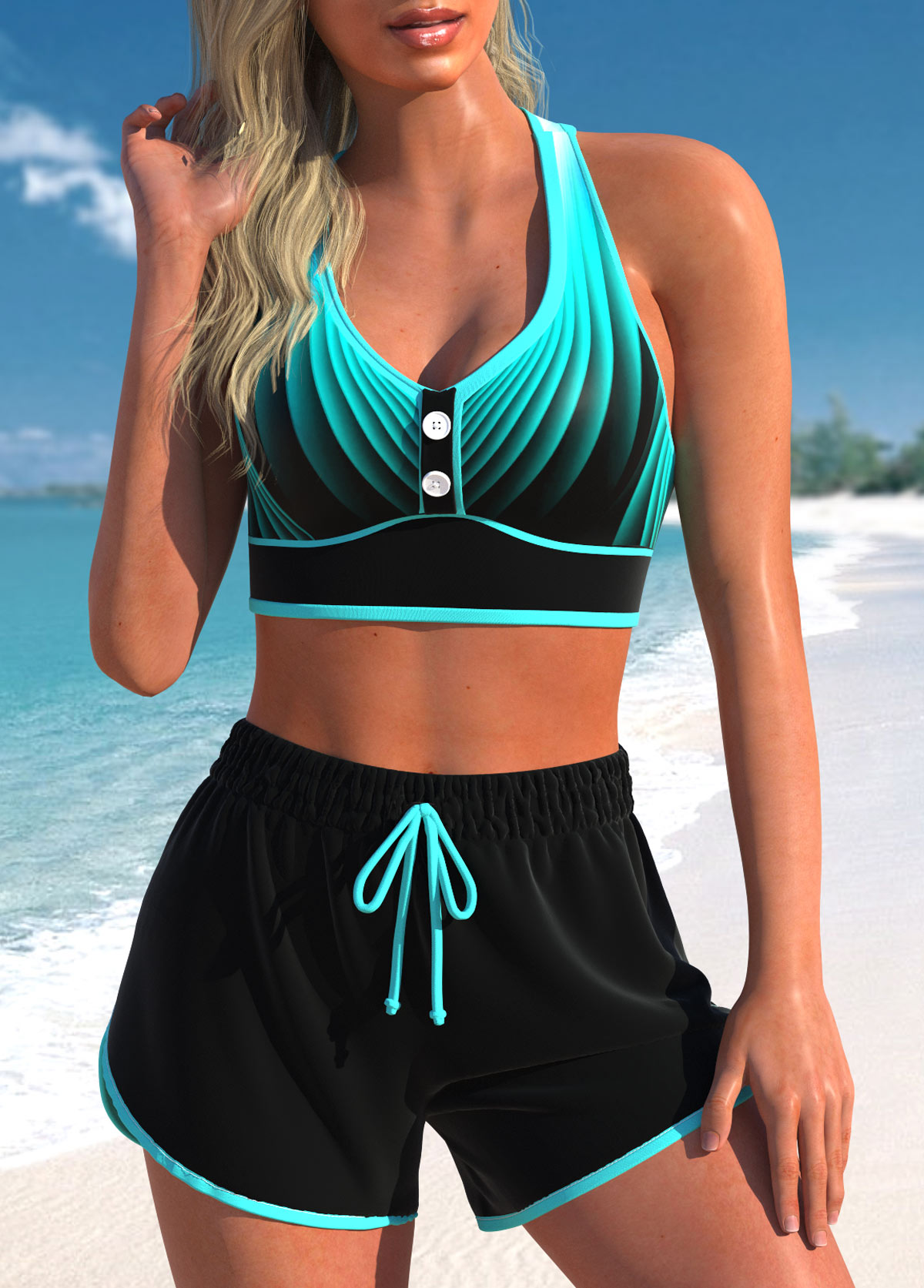 ROTITA Ensemble de Bikini Taille Haute Criss Cross Cyan Ombre