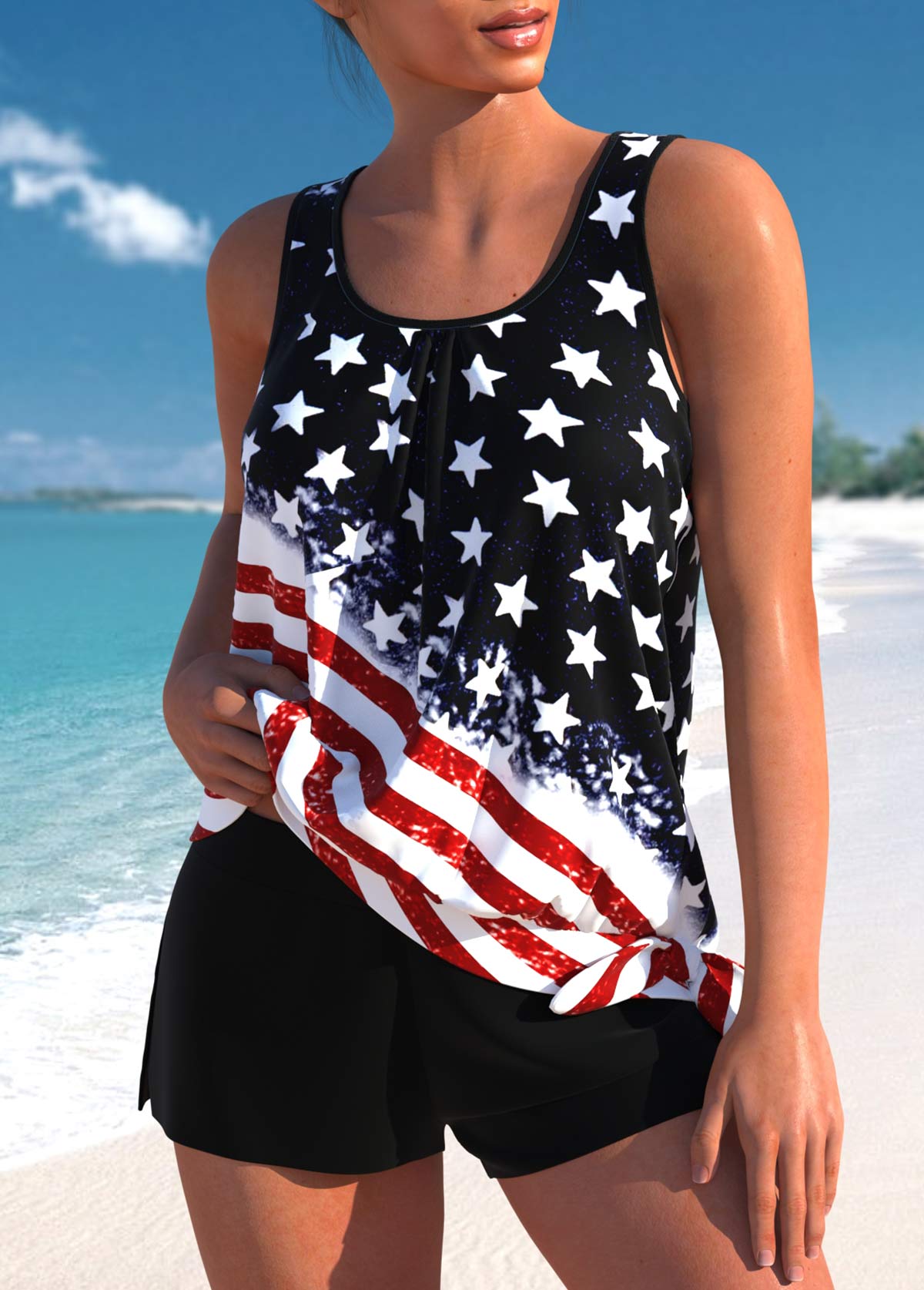 Black swimwear,Flag swimwear,ROTITA Bowknot Black American Flag Print Tankini Set