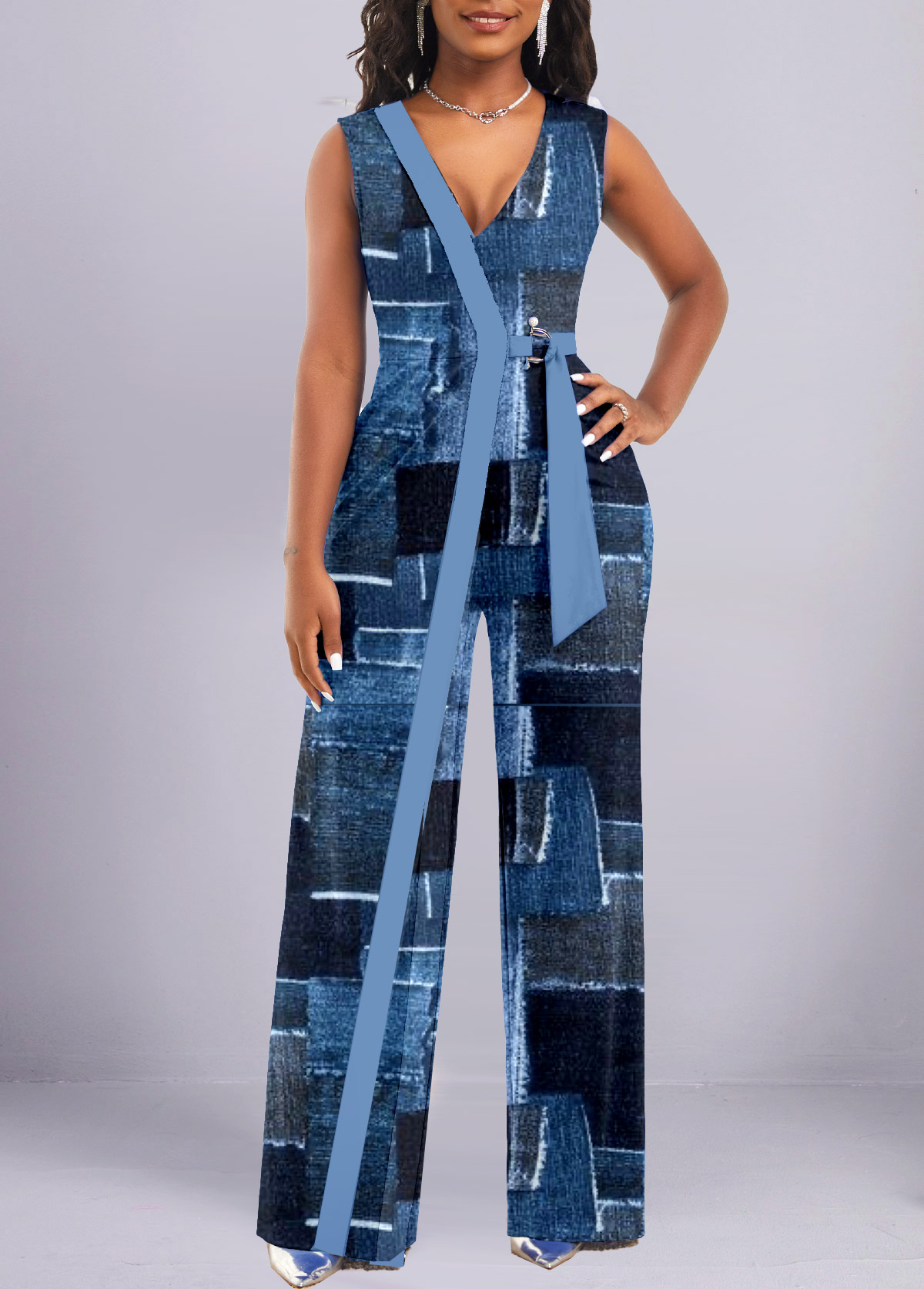 ROTITA Asymmetry Geometric Print Denim Blue Long Jumpsuit
