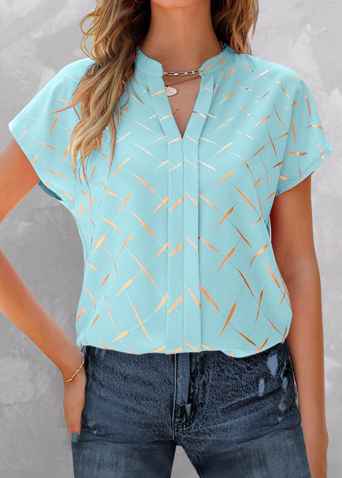 Light Blue tops,Striped tops,Geometric tops,ROTITA Split Striped Light Blue Short Sleeve Blouse
