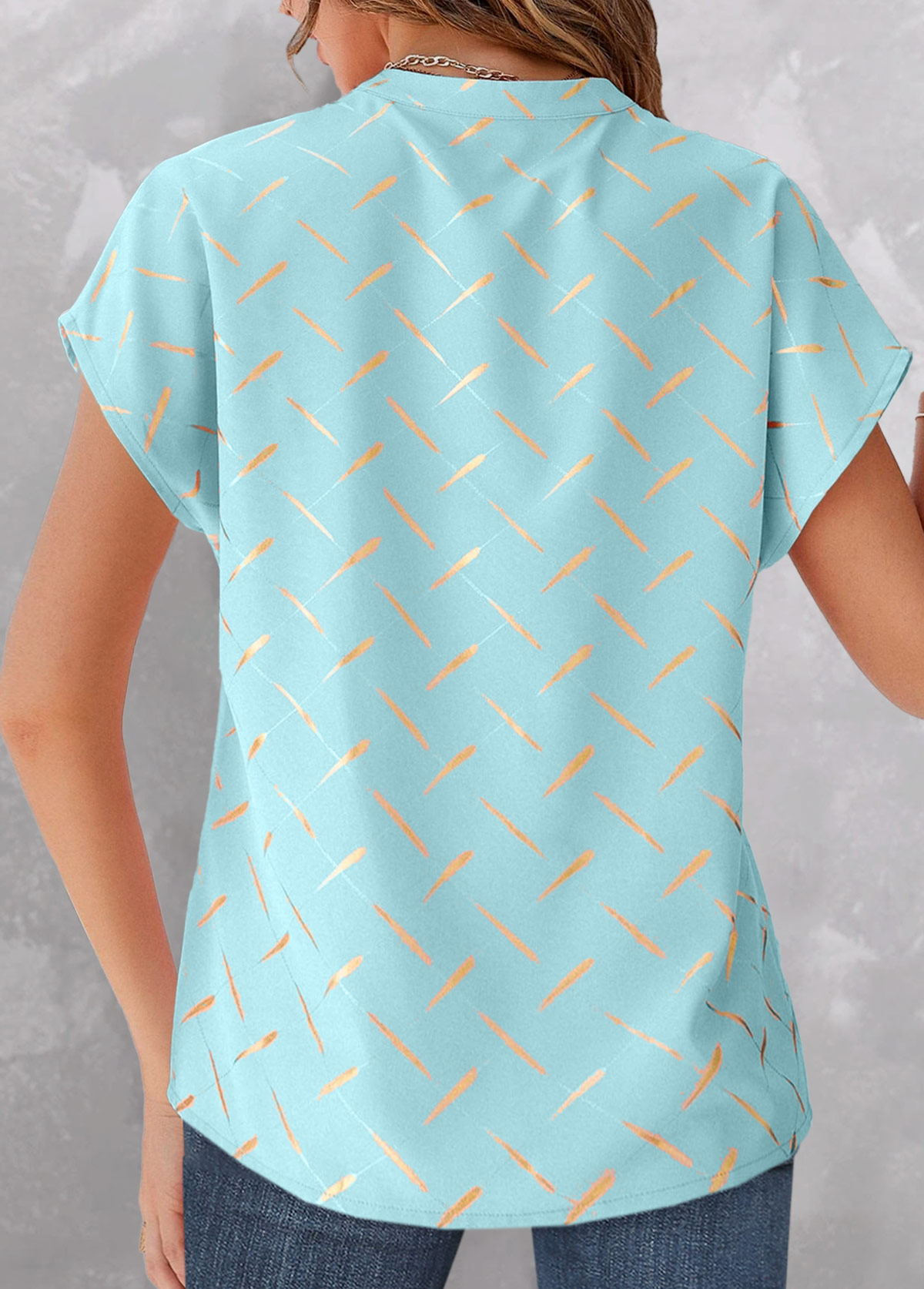 Light Blue tops,Striped tops,Geometric tops,ROTITA Split Striped Light Blue Short Sleeve Blouse