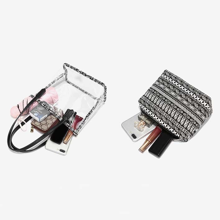 Black accessories,Striped accessories,Geometric accessories,Tribal accessories,Black Zip Detail Striped Bag and Inner Pouch