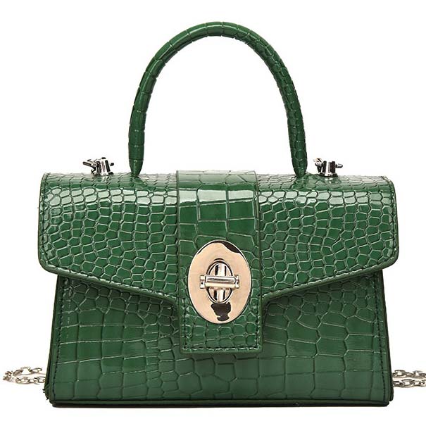 Green PU Detail Chains Turnlock Hand Bag