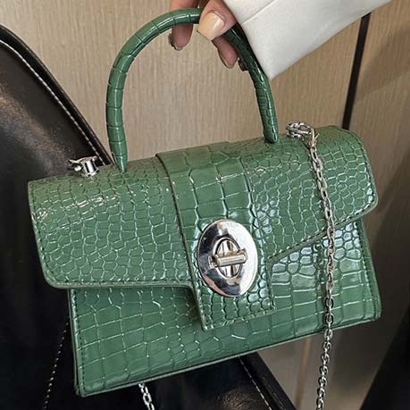 Green accessories,Plain Color accessories,Green PU Detail Chains Turnlock Hand Bag