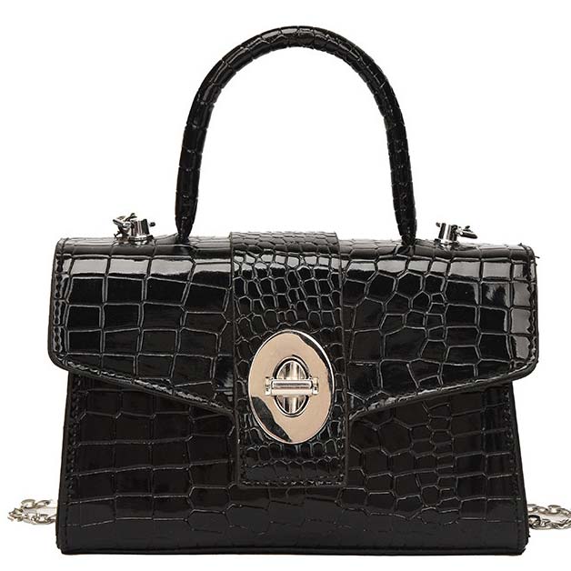 Black accessories,Plain Color accessories,Black Chains Detail Turnlock Hand Bag