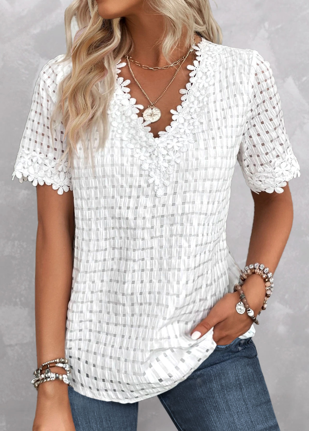 White tops,Plain Color tops,ROTITA Embroidery White V Neck Short Sleeve Blouse