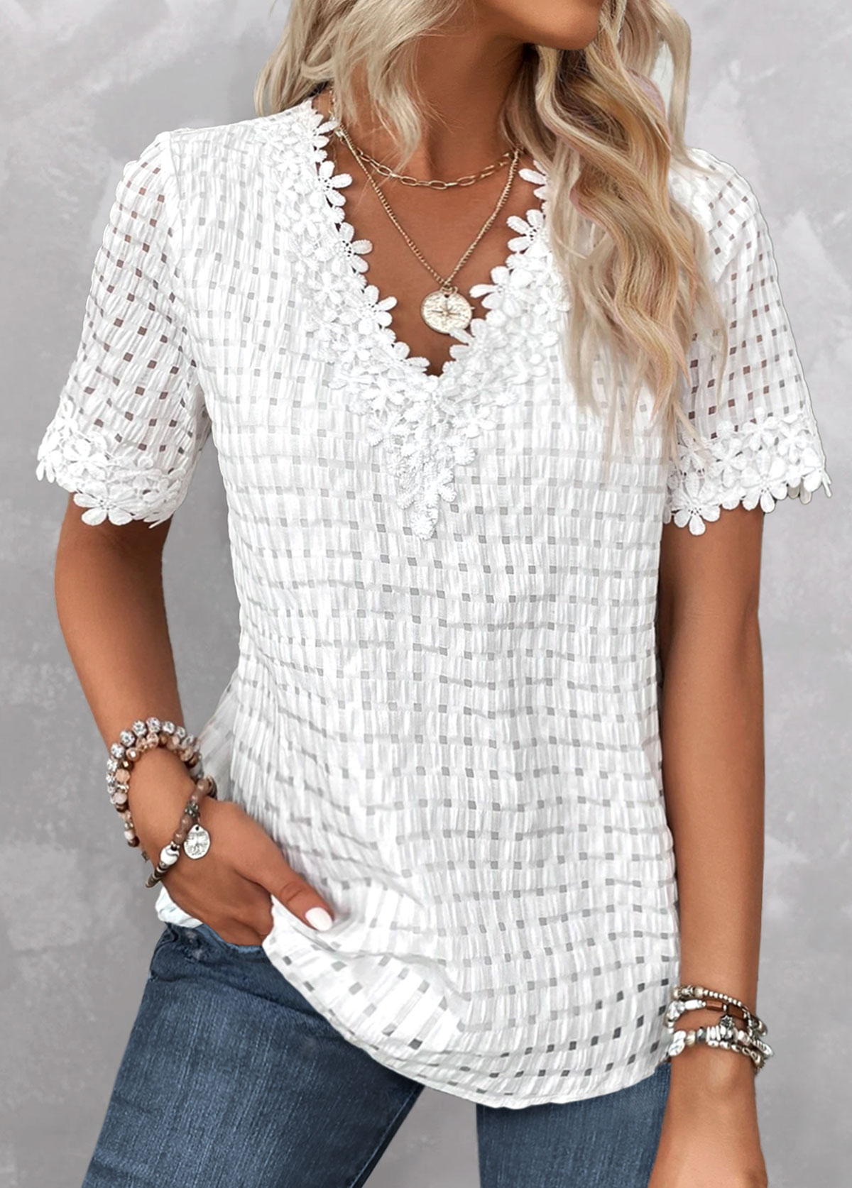 White tops,Plain Color tops,ROTITA Embroidery White V Neck Short Sleeve Blouse