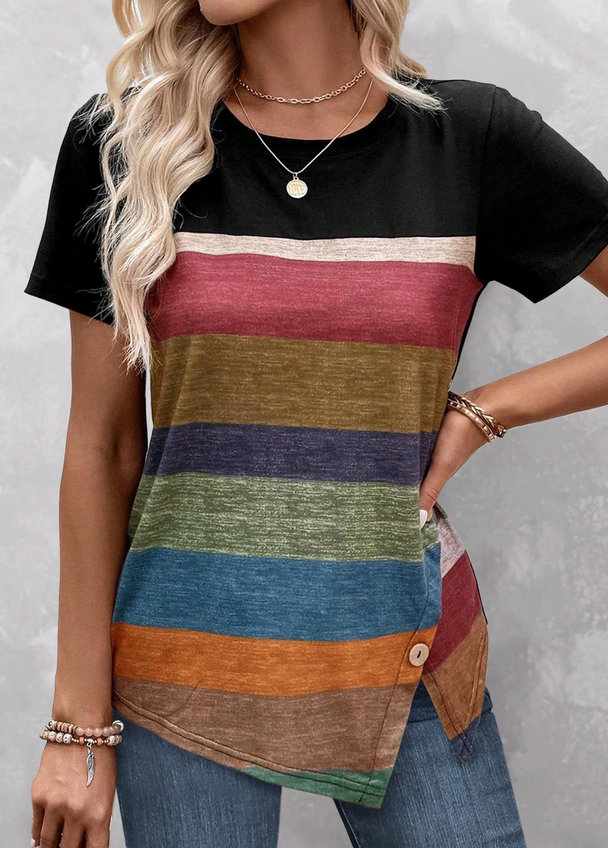 ROTITA Patchwork Striped Black Round Neck T Shirt