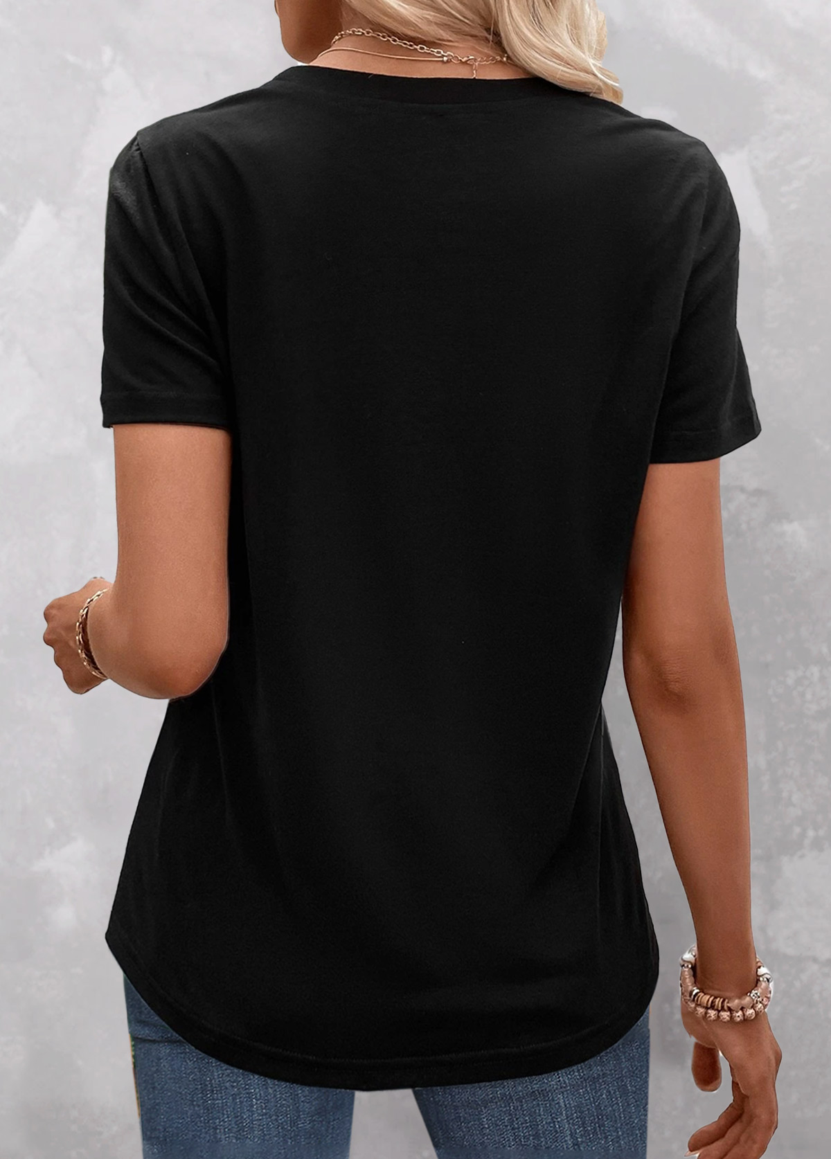 Black tops,Striped tops,Geometric tops,ROTITA Patchwork Striped Black Round Neck T Shirt