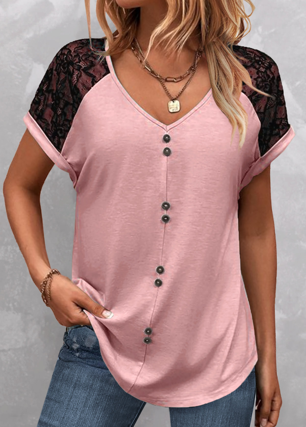 Pink tops,Contrast Color tops,ROTITA Patchwork Pink V Neck Short Sleeve T Shirt