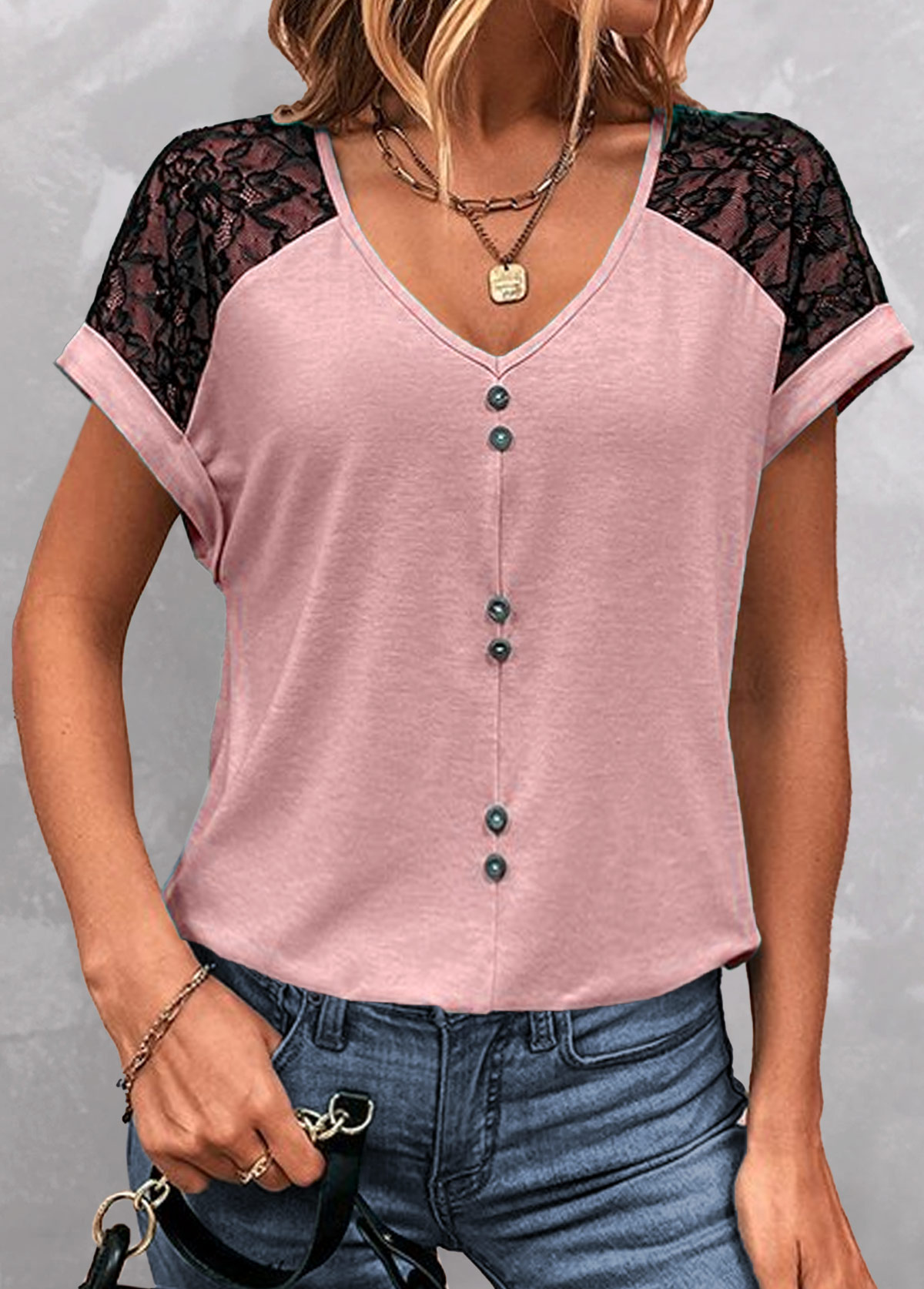 Pink tops,Contrast Color tops,ROTITA Patchwork Pink V Neck Short Sleeve T Shirt