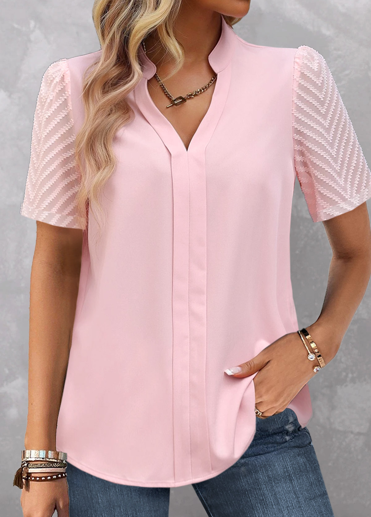 Light Pink plus size,Plain Color plus size,ROTITA Plus Size Split Light Pink Short Sleeve Blouse