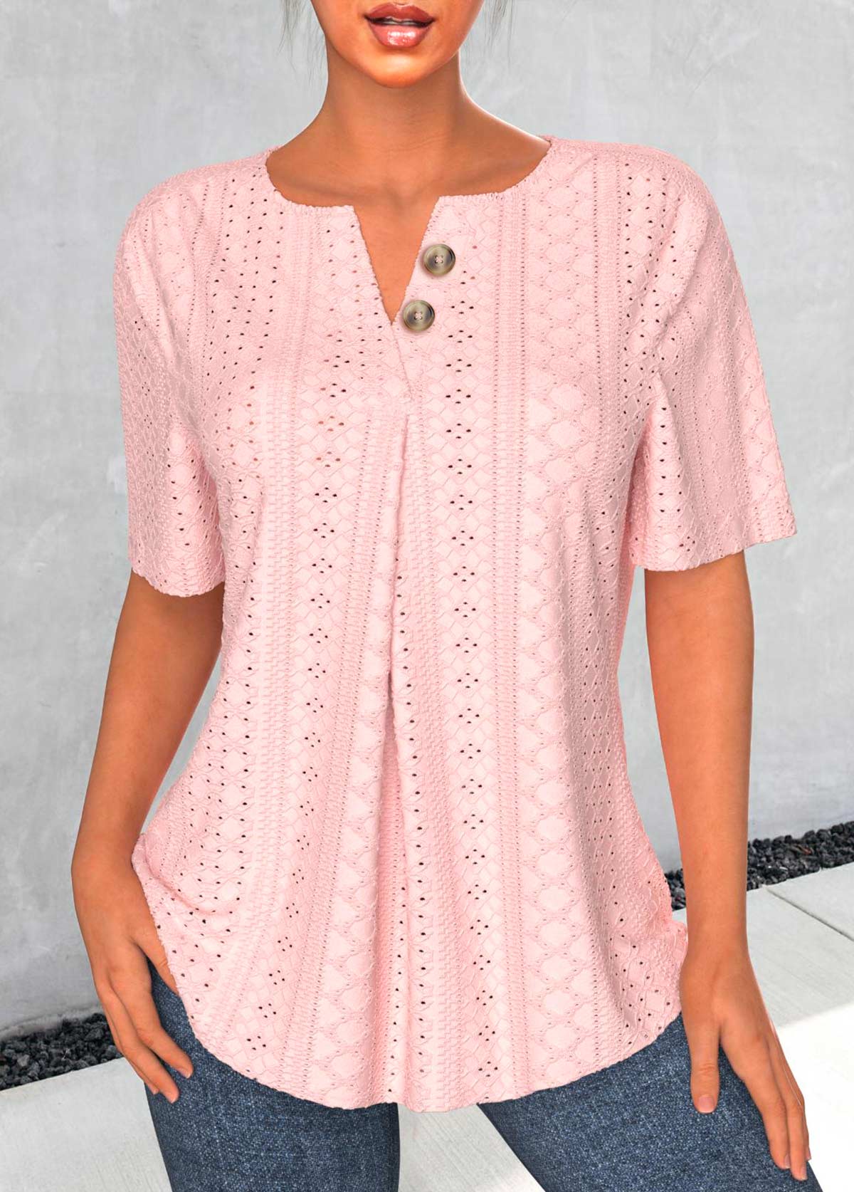 Light Pink tops,Plain Color tops,ROTITA Button Light Pink Split Neck Short Sleeve Blouse