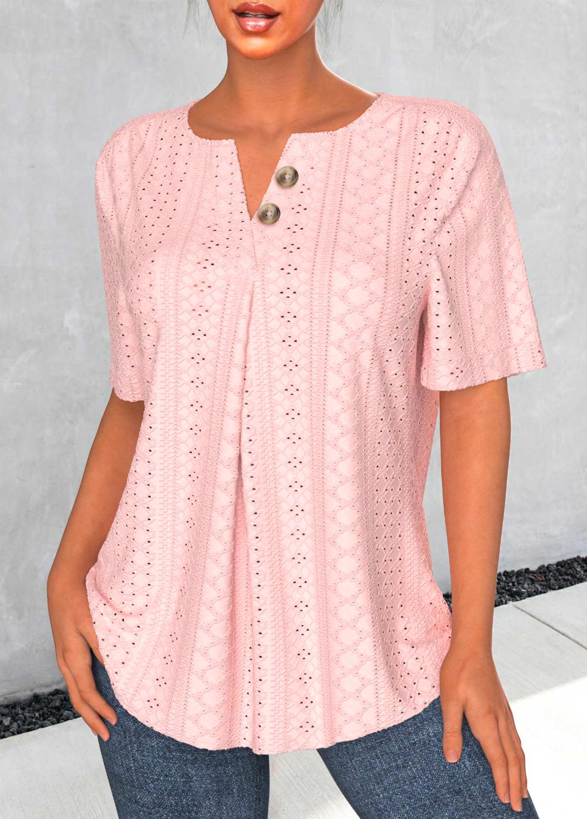 Light Pink tops,Plain Color tops,ROTITA Button Light Pink Split Neck Short Sleeve Blouse