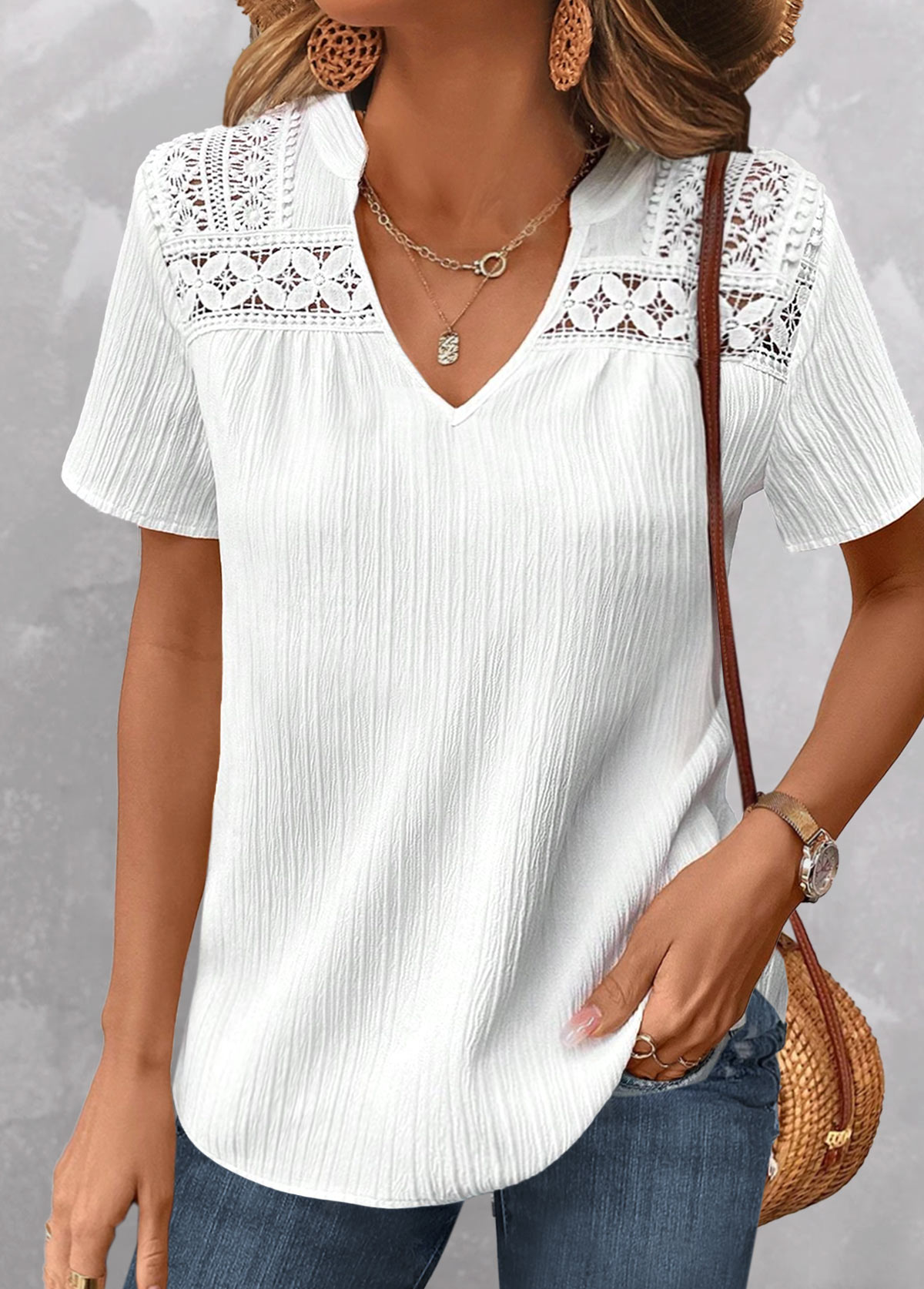 ROTITA Lace White Split Neck Short Sleeve Blouse