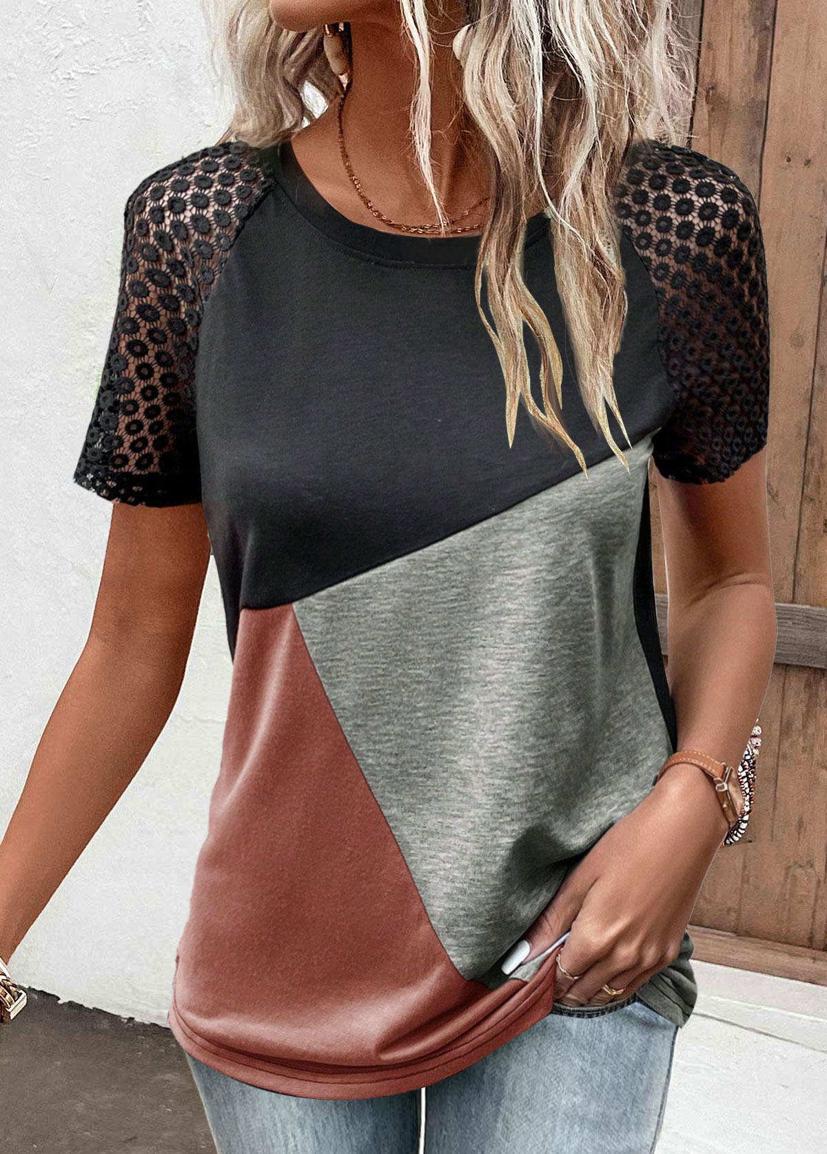 Black tops,Grey tops,Contrast Color tops,ROTITA Lace Black Round Neck Short Sleeve T Shirt