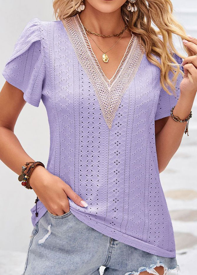 Light Purple tops,Plain Color tops,Patchwork Light Purple V Neck T Shirt