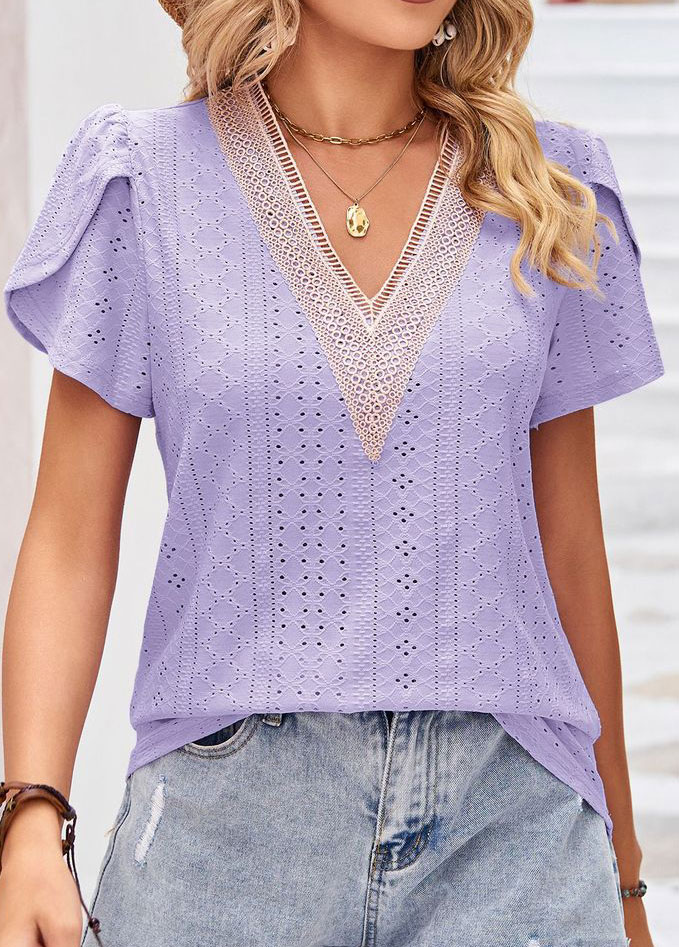 Light Purple tops,Plain Color tops,Patchwork Light Purple V Neck T Shirt