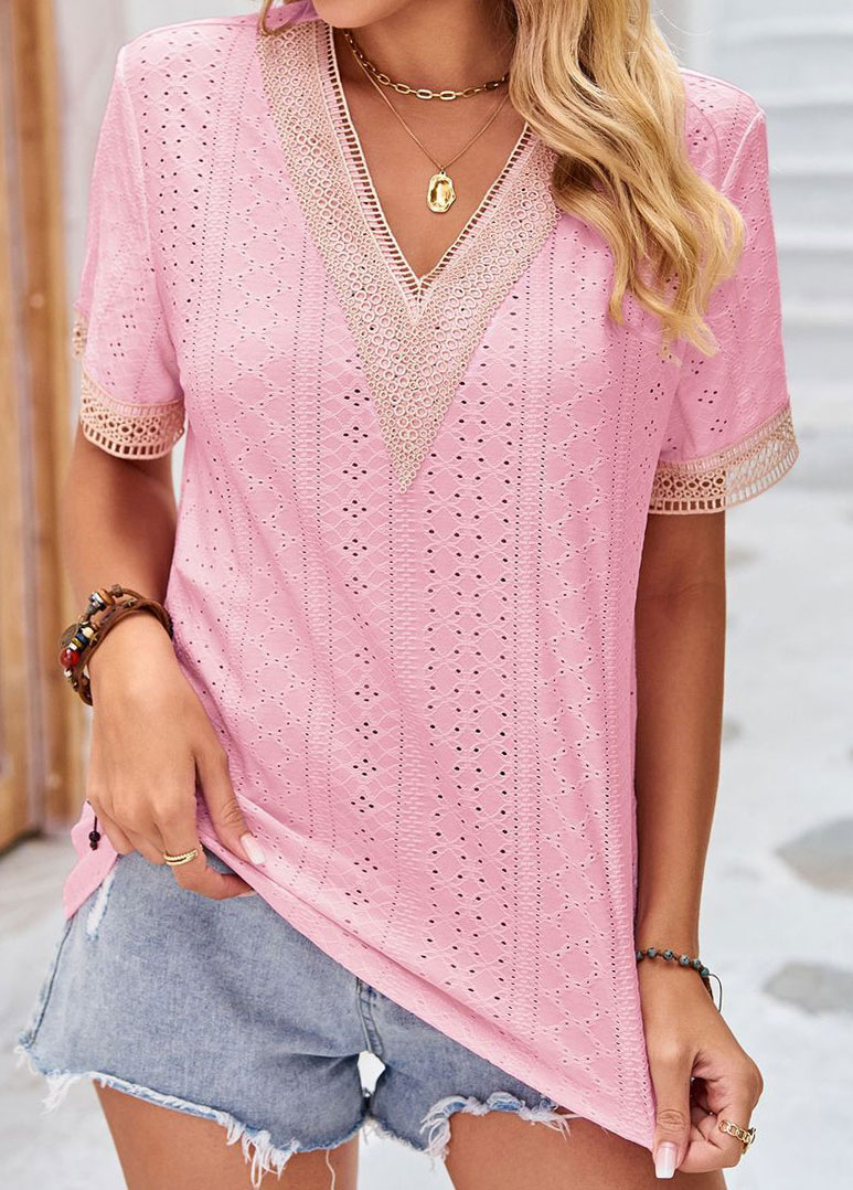 Pink tops,Contrast Color tops,Patchwork Pink V Neck Short Sleeve T Shirt
