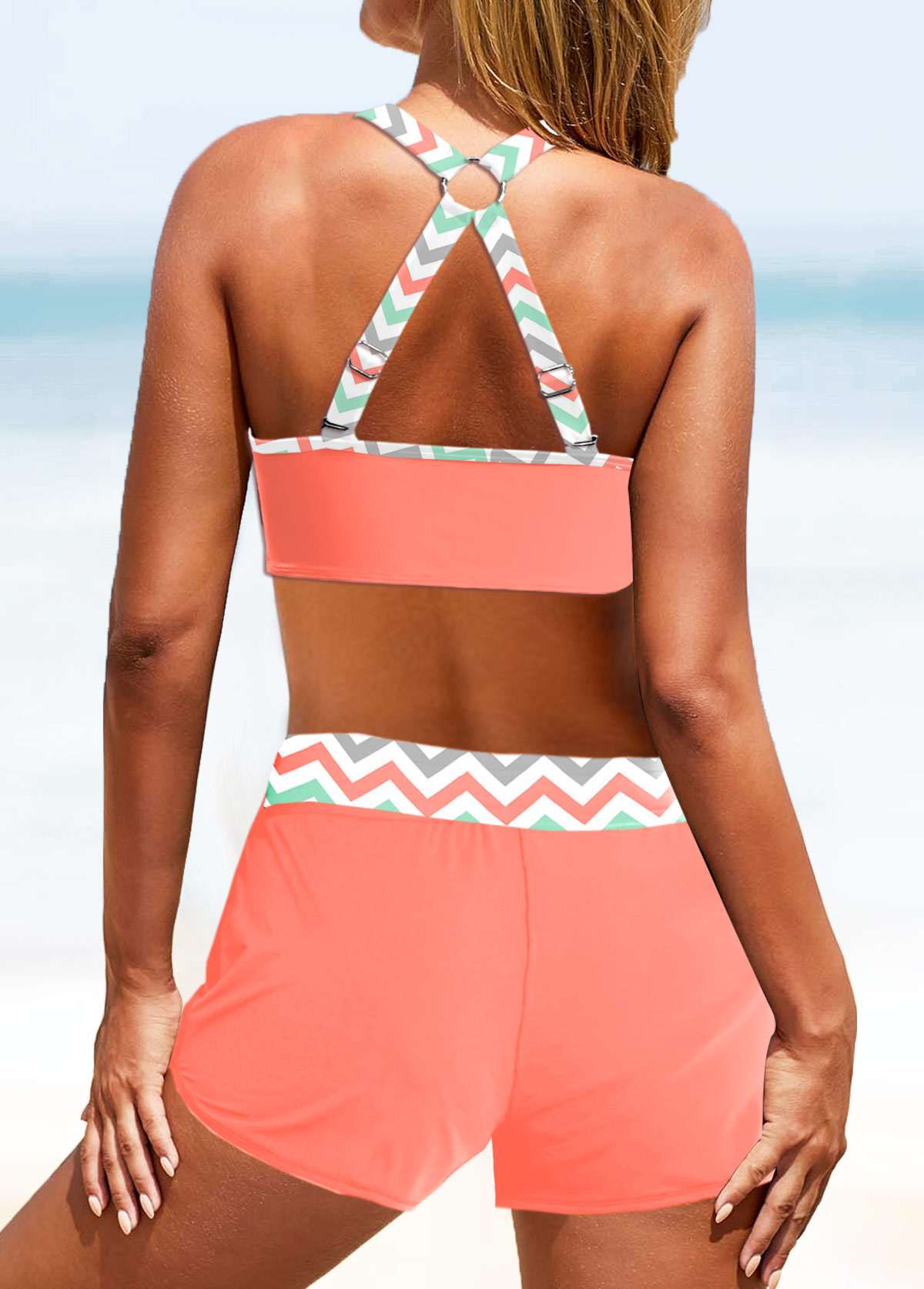 Coral swimwear,Chevron swimwear,ROTITA Circular Ring Coral Chevron Print Bikini Set