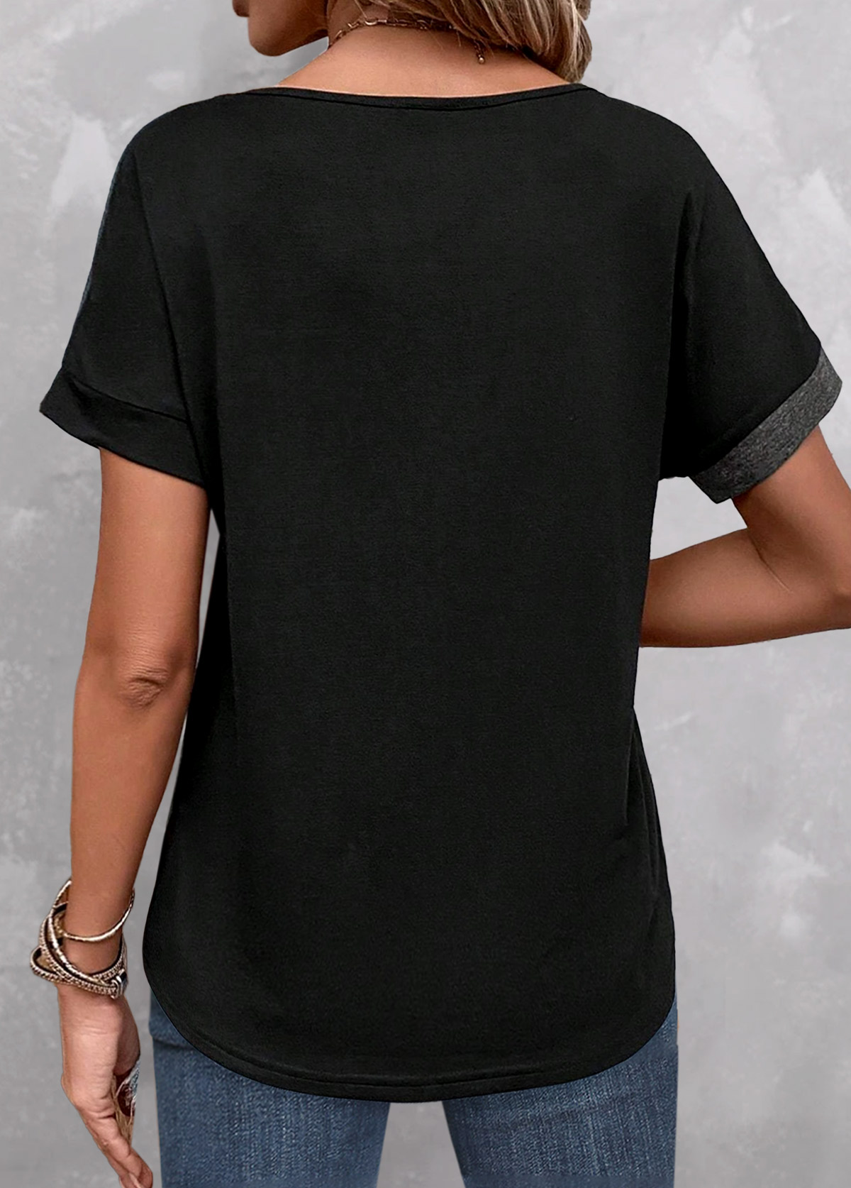 Dark Grey Marl tops,Black tops,Contrast Color tops,ROTITA Button Dark Grey Marl Split Neck T Shirt