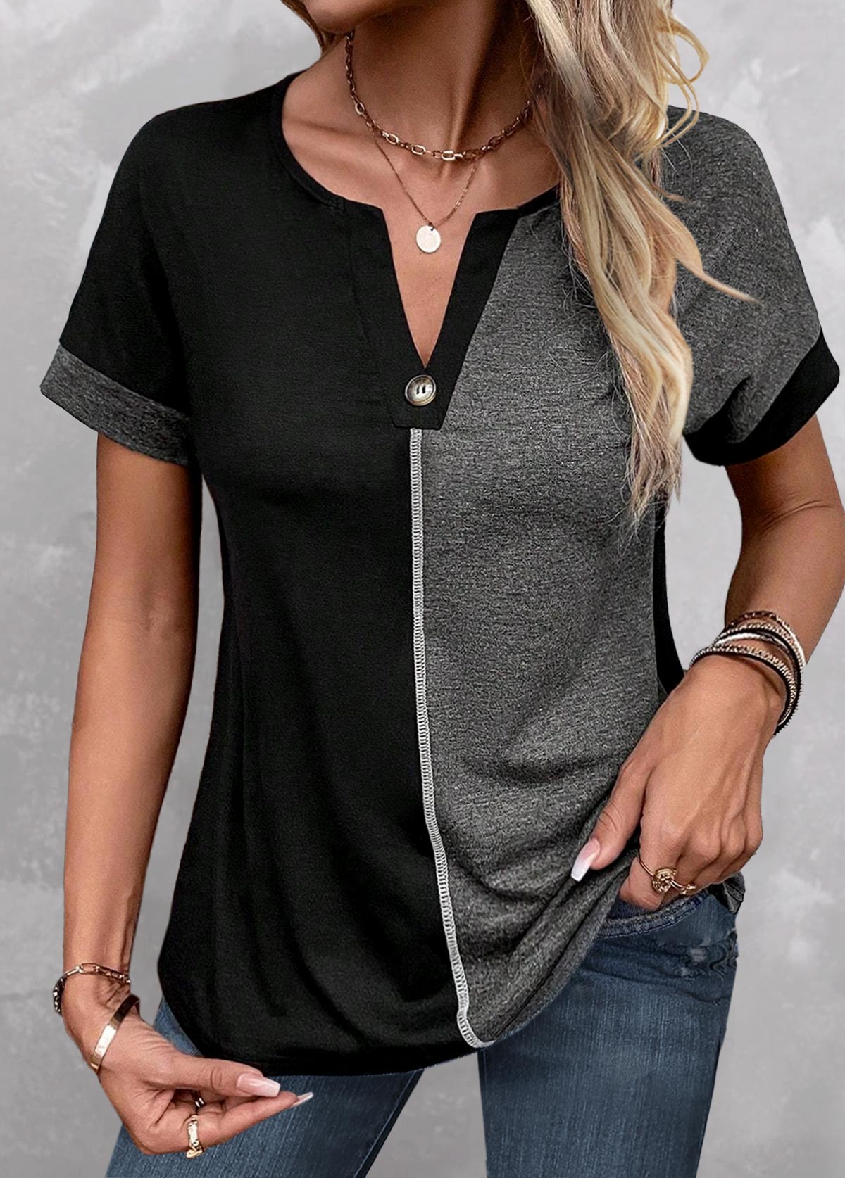 Dark Grey Marl tops,Black tops,Contrast Color tops,ROTITA Button Dark Grey Marl Split Neck T Shirt