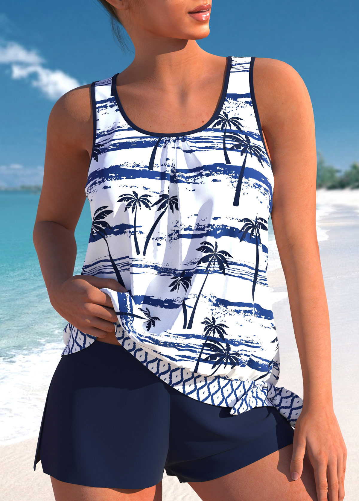 ROTITA Ensemble de tankini patchwork bleu marine à imprimé plantes tropicales