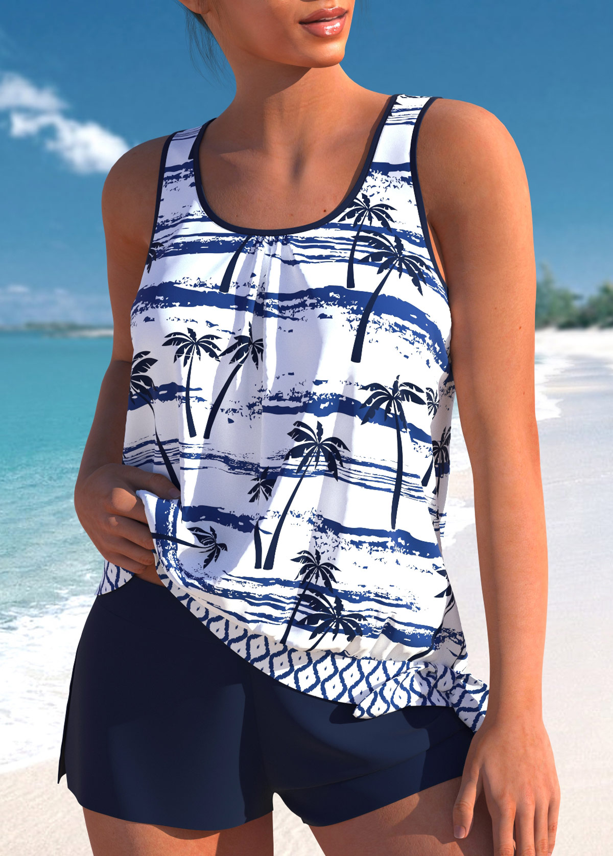 Navy swimwear,Plants swimwear,Geometric swimwear,ROTITA Patchwork Navy Tropical Plants Print Tankini Set