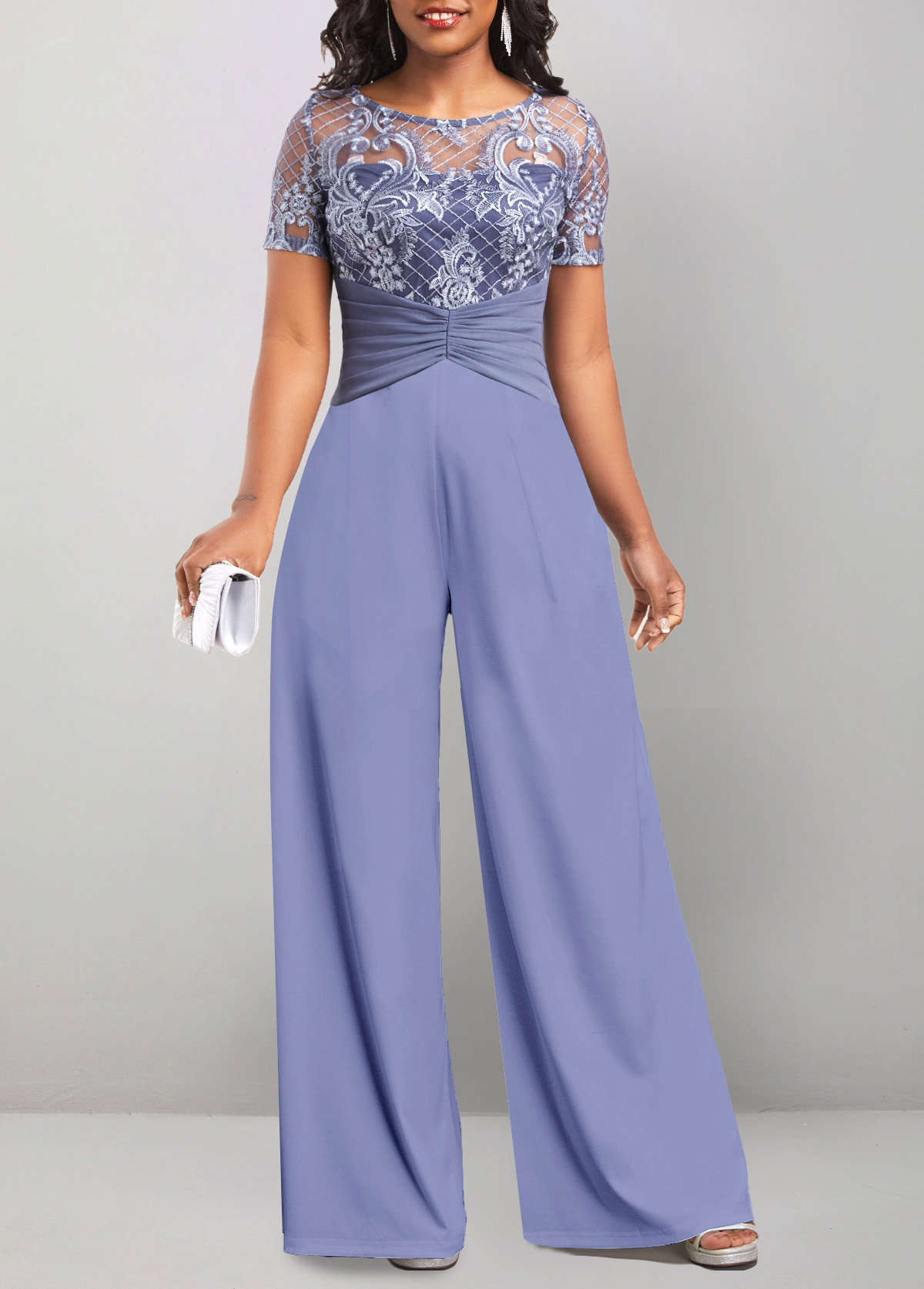 Dusty Blue jumpsuits & rompers,Plain Color jumpsuits & rompers,ROTITA Lace Dusty Blue Long Round Neck Jumpsuit